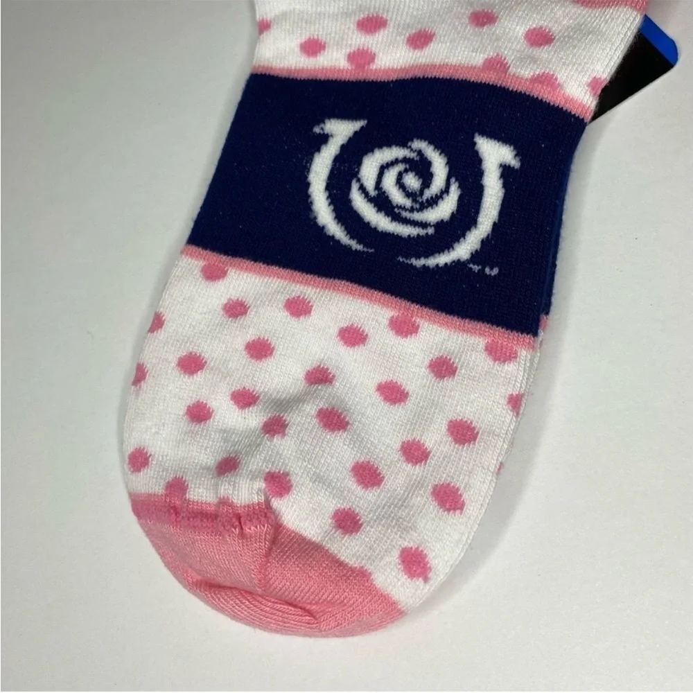 For Bare Feet Socks Kentucky Derby 145 6-11 White Pink Dot Band Blue Pink Argyle